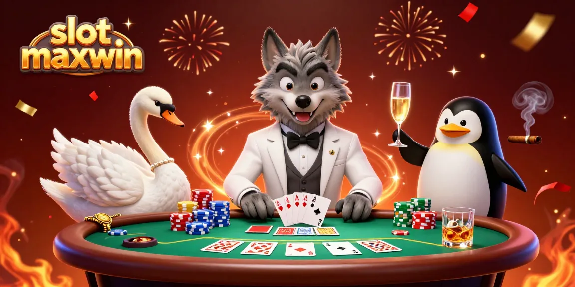 Ilustrasi slot maxwin yang memukau dengan karakter unik dan elemen kasino yang mengesankan.
