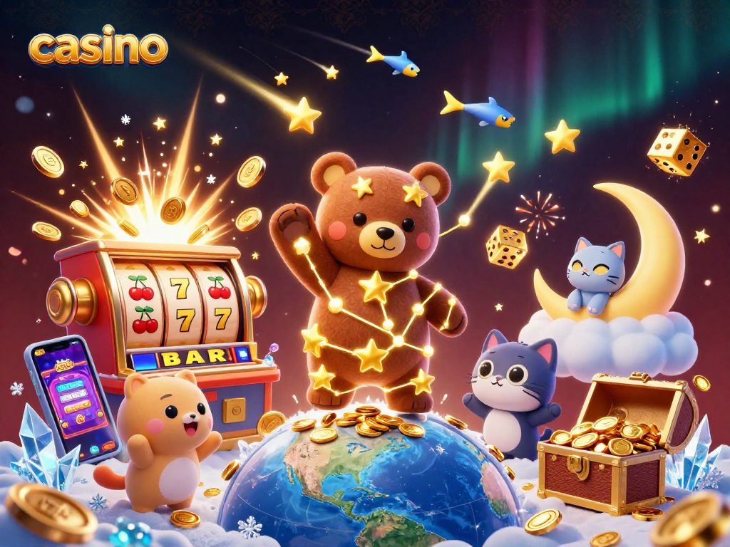 Casino scene featuring a constellation bear, slot machine, and vibrant gaming elements.