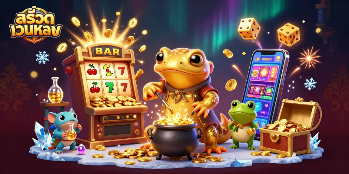 Play slot games with สล็อตเว็บตรง featuring a giant golden salamander alchemist and vibrant casino elements.