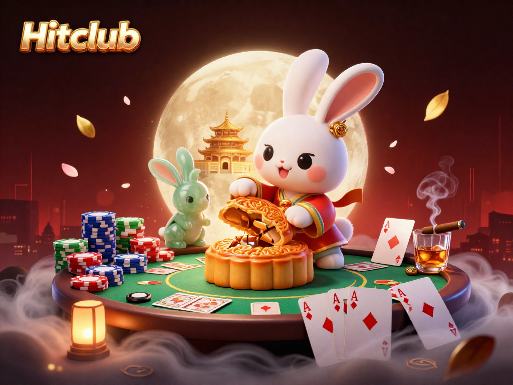 Experience Hitclub's thrilling gaming atmosphere with a playful moon rabbit and poker elements.
