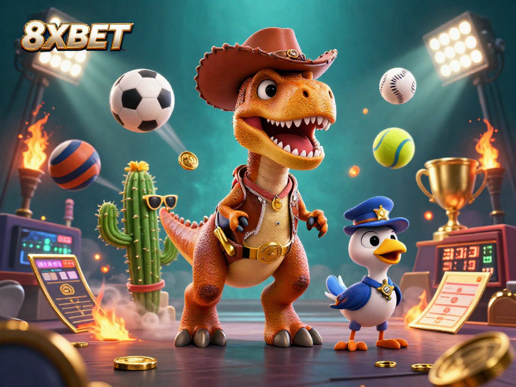 Experience exciting gameplay with 8XBET in this vibrant illustration showcasing sports and casino elements.