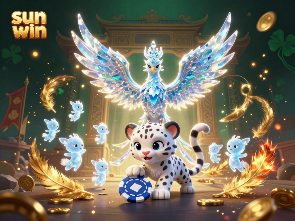 Experience the vibrant world of sun win by interacting with an ice phoenix and playful sprites in a dazzling casino setting.