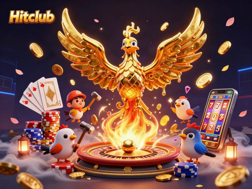 Hitclub showcases a lively casino scene with a golden phoenix and soaring coins.