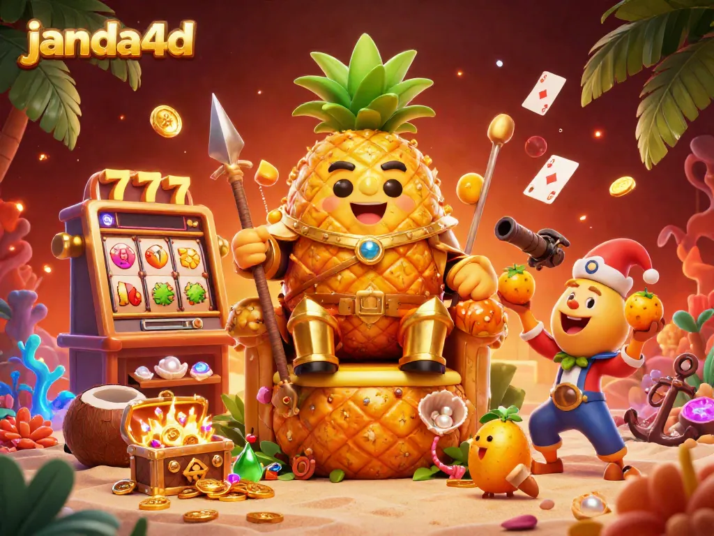 Gambar ilustrasi 3D janda4d dengan raja nanas emas dan elemen perjudian yang meriah di latar belakang