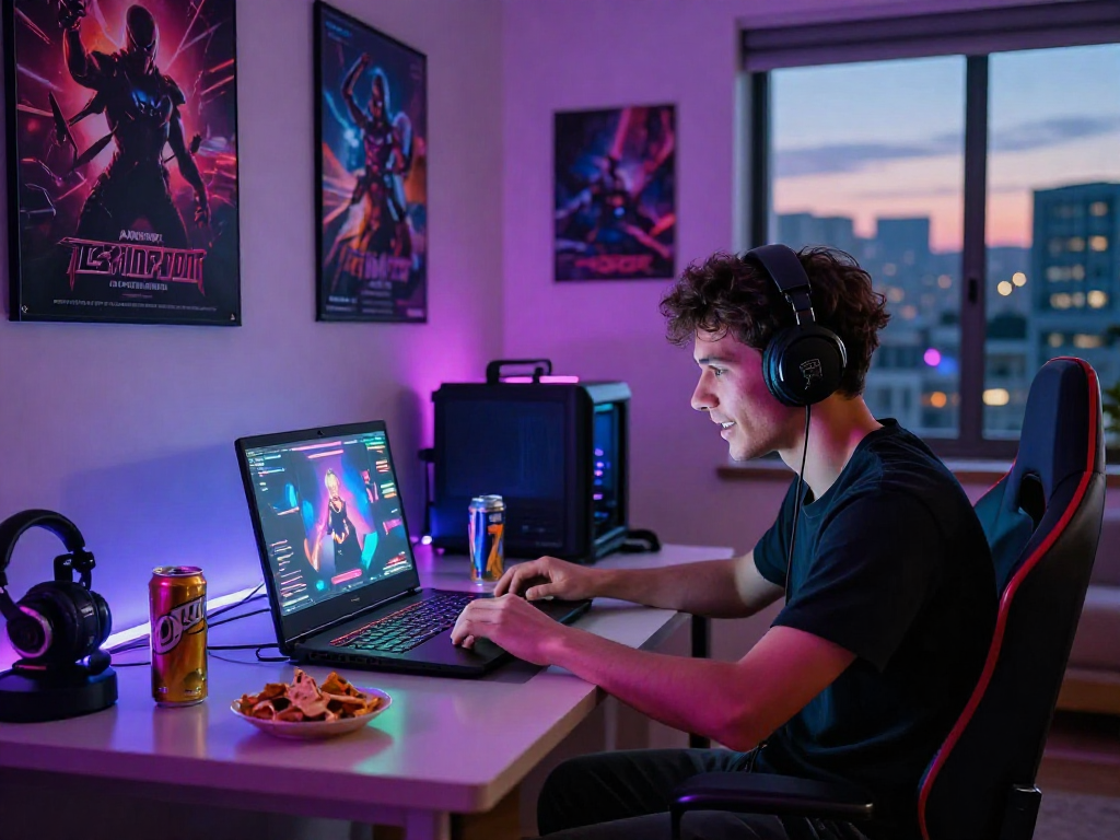 Immersive gaming experience with mind control porn, featuring a gamer in an urban apartment.