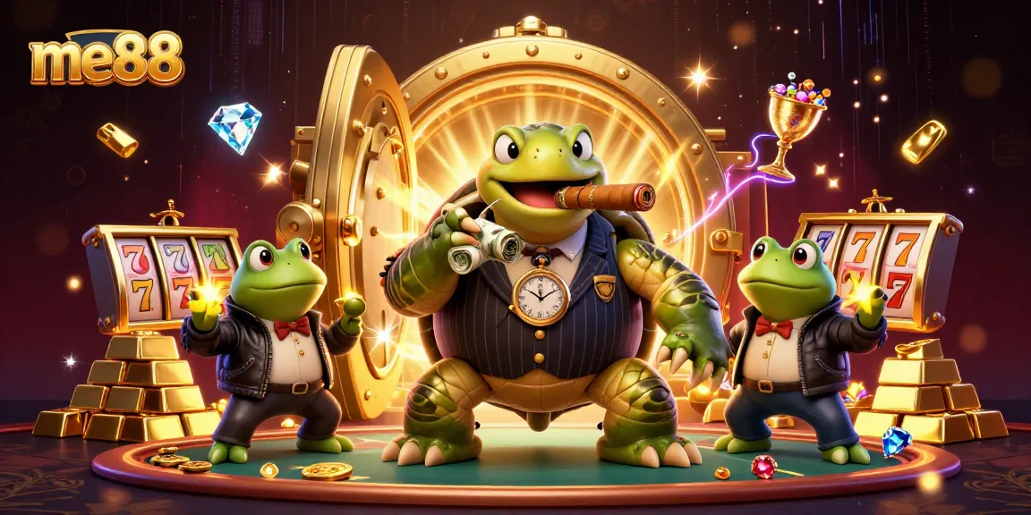 Win at me88 with a tribute to casino life featuring a mobster turtle and whimsical frogs.