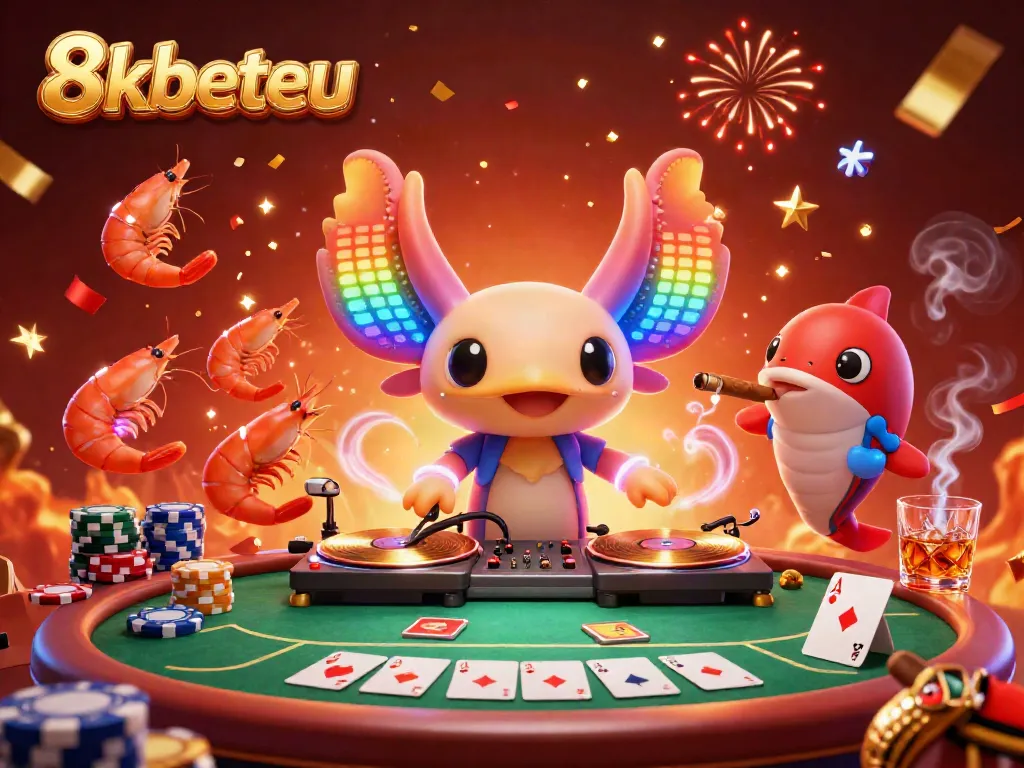 Experience lively gaming at 8kbeteu with a vibrant 3D casino scene featuring a neon axolotl DJ.
