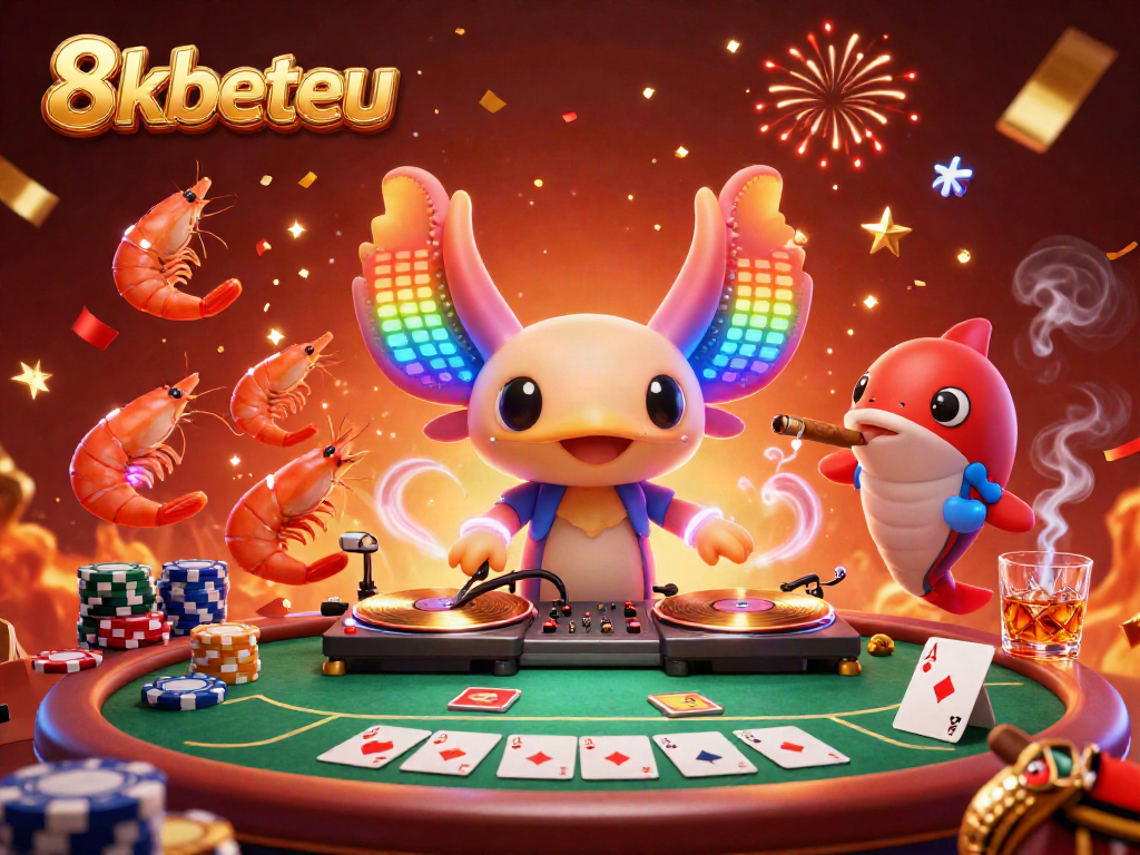 Experience lively gaming at 8kbeteu with a vibrant 3D casino scene featuring a neon axolotl DJ.