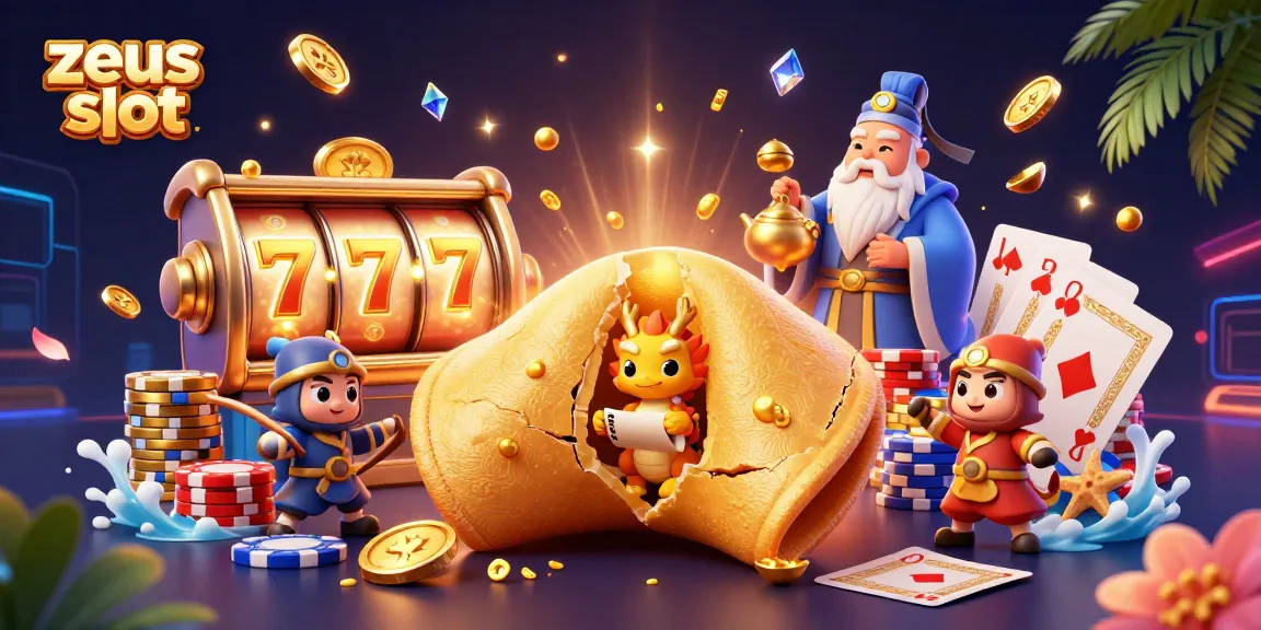 Experience zeus slot with golden coins, poker chips, and lively characters in a vibrant 3D casino scene.