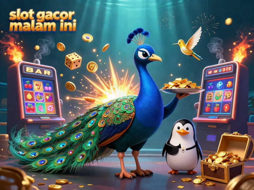Momen slot gacor malam ini dengan karakter penuh kemewahan dan mesin slot yang meledak dengan koin emas.
