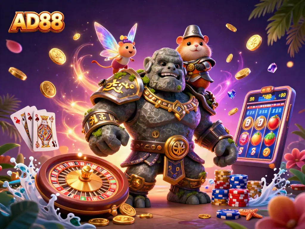 Engage with AD88's vibrant casino adventure featuring enchanted characters and exciting gaming action.