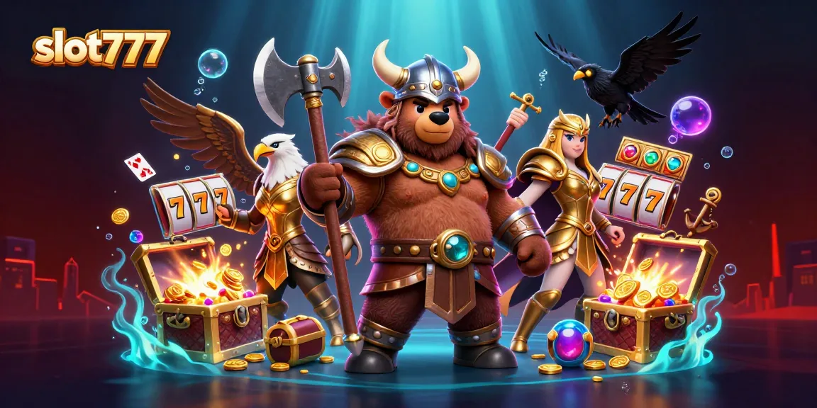 Play thrilling slot777 games with Viking bear and Valkyrie eagle, surrounded by jackpots and treasures.