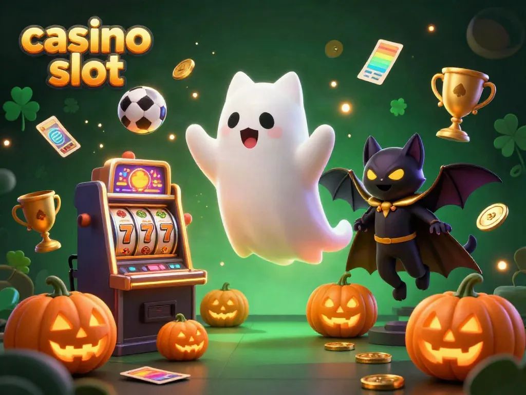 Engage with an exciting 3D casino slot adventure featuring a friendly ghost cat and a vampire bat amidst vibrant winning symbols.