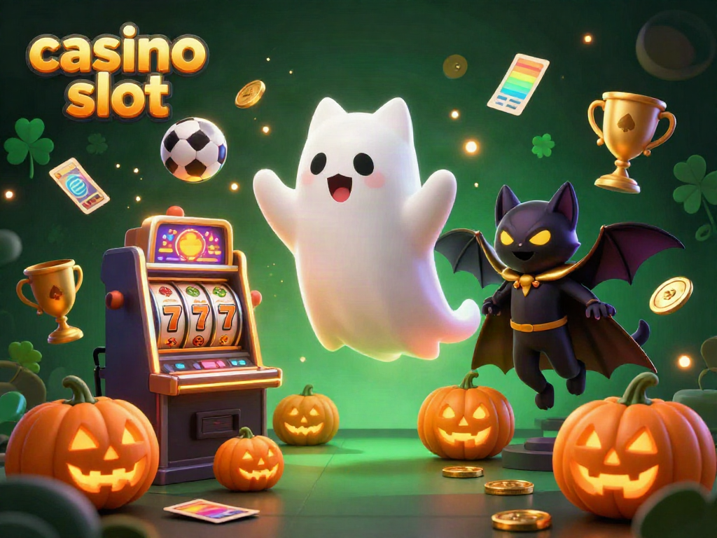 Engage with an exciting 3D casino slot adventure featuring a friendly ghost cat and a vampire bat amidst vibrant winning symbols.