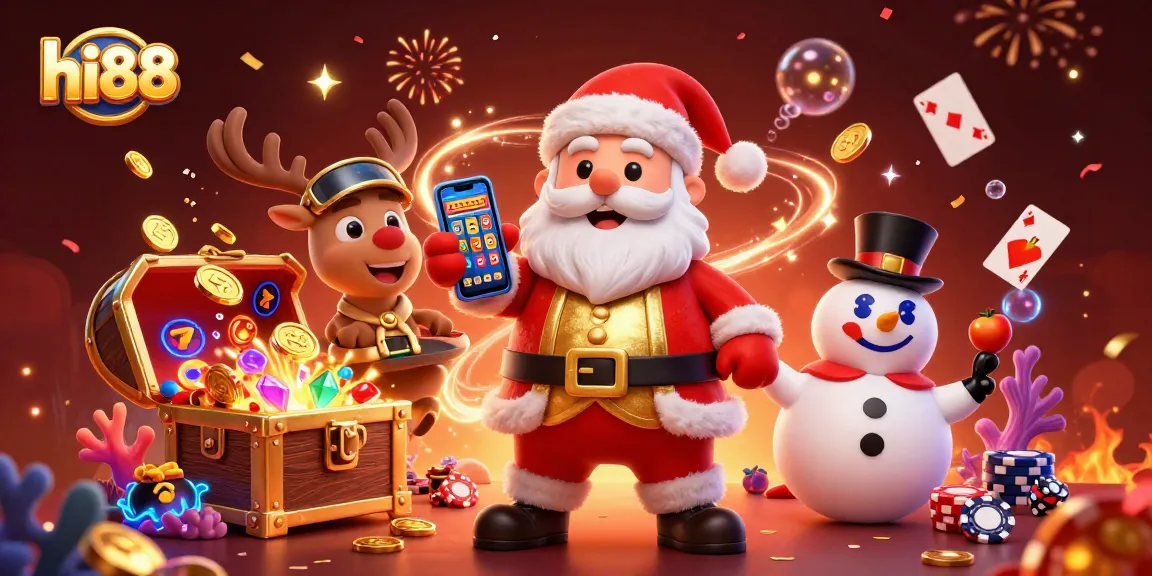 Enjoy thrilling jackpot slots with hi88 in a festive casino scene featuring Santa and friends.