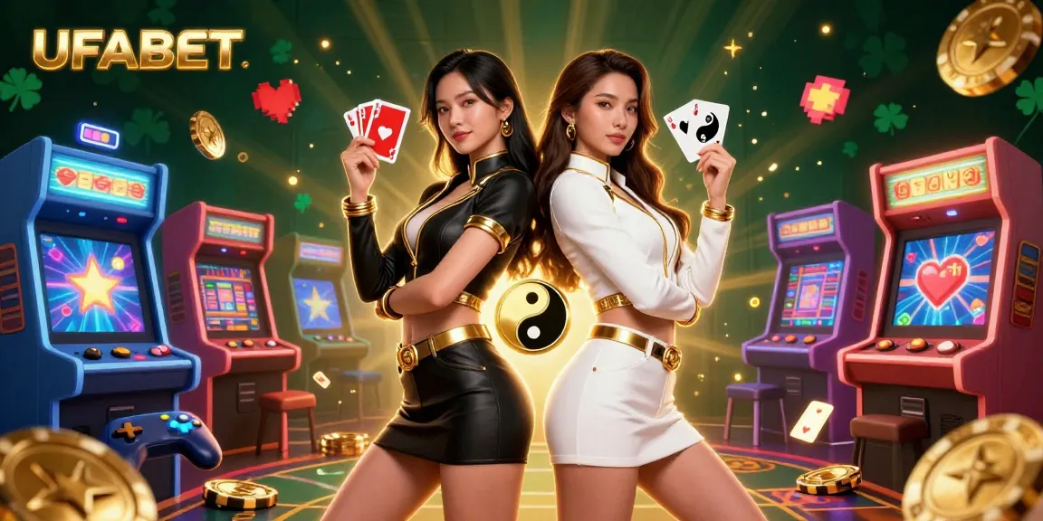 Experience exciting gameplay with UFABET featuring twin Asian women showcasing powerful poses and vibrant casino elements.