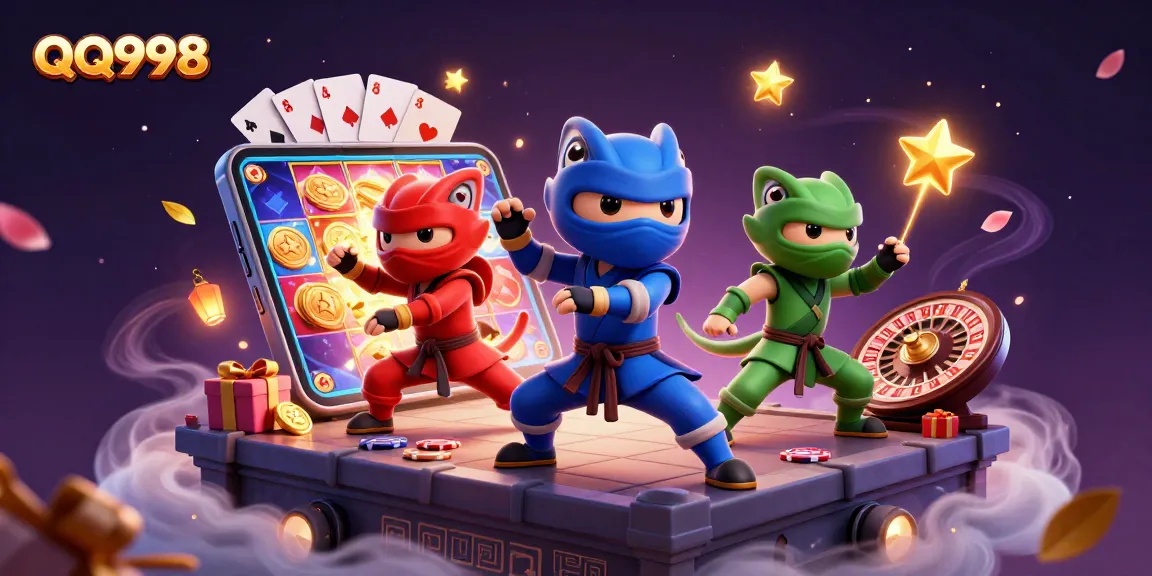 Experience thrilling gameplay with QQ998 featuring three ninja chameleons amidst vibrant casino elements.