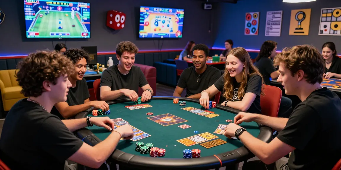Youthful gamers in a vibrant gaming lounge enjoying gamebaidoithuong card games with dynamic atmosphere.