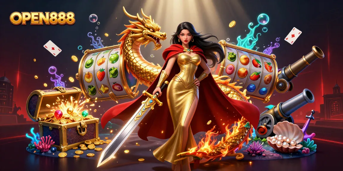Engage with the exciting world of OPEN888 as a warrior queen commands a vibrant slot game scene.
