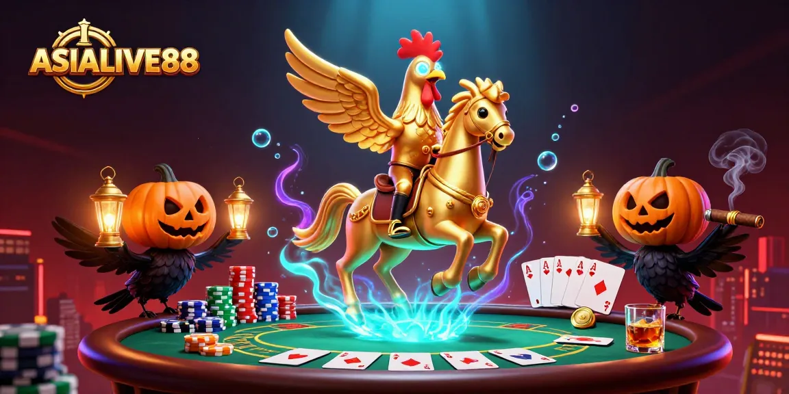 Experience thrilling action at ASIALIVE88 with a golden rooster riding through a vibrant casino scene.
