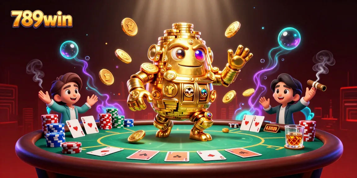 Experience the thrill at 789win with a golden golem, poker elements, and vibrant casino energy.