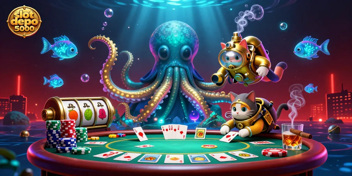 Engage with slot depo 5000 through an exciting 3D illustration of a kraken and diving cat amidst vibrant casino elements.