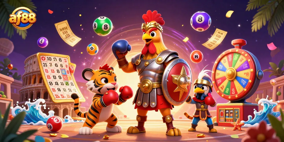 af88 brings thrilling action with colorful lottery elements and dynamic characters in an exciting casino scene.