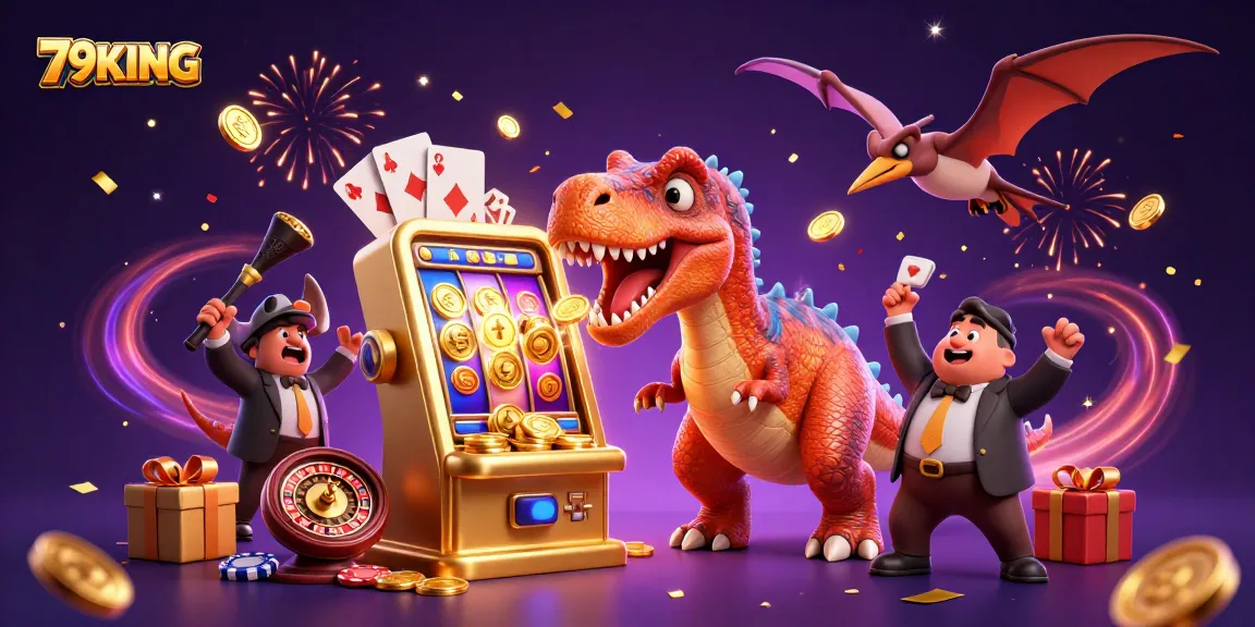 79KING jackpot scene with animated dinosaurs celebrating casino wins and dynamic gaming elements.