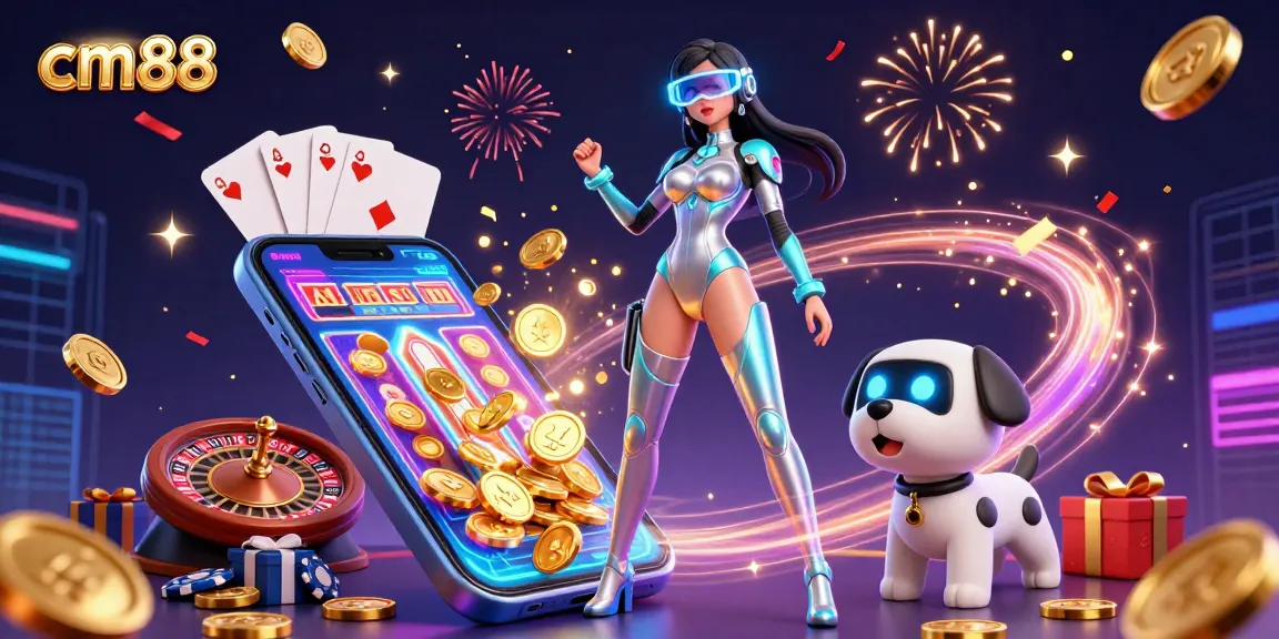 Experience thrilling gameplay with cm88 as a futuristic woman and robot dog play in a vibrant casino setting.