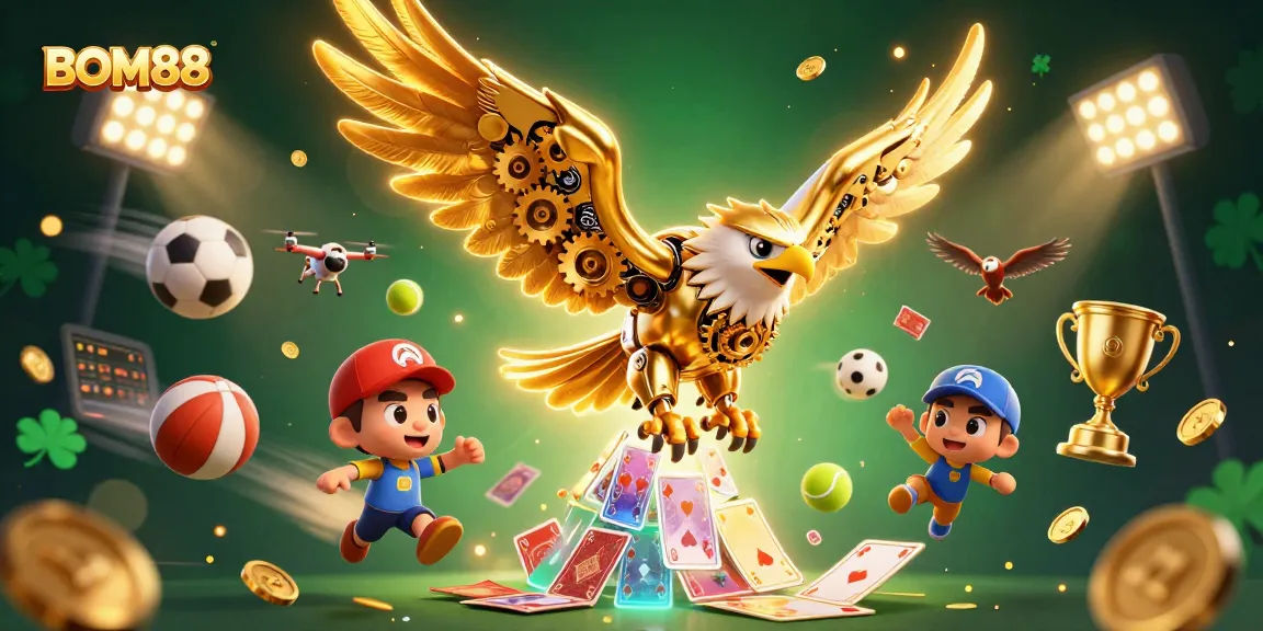 BOM88 offers an exhilarating online gambling experience with a vibrant 3D illustration capturing exciting betting elements.