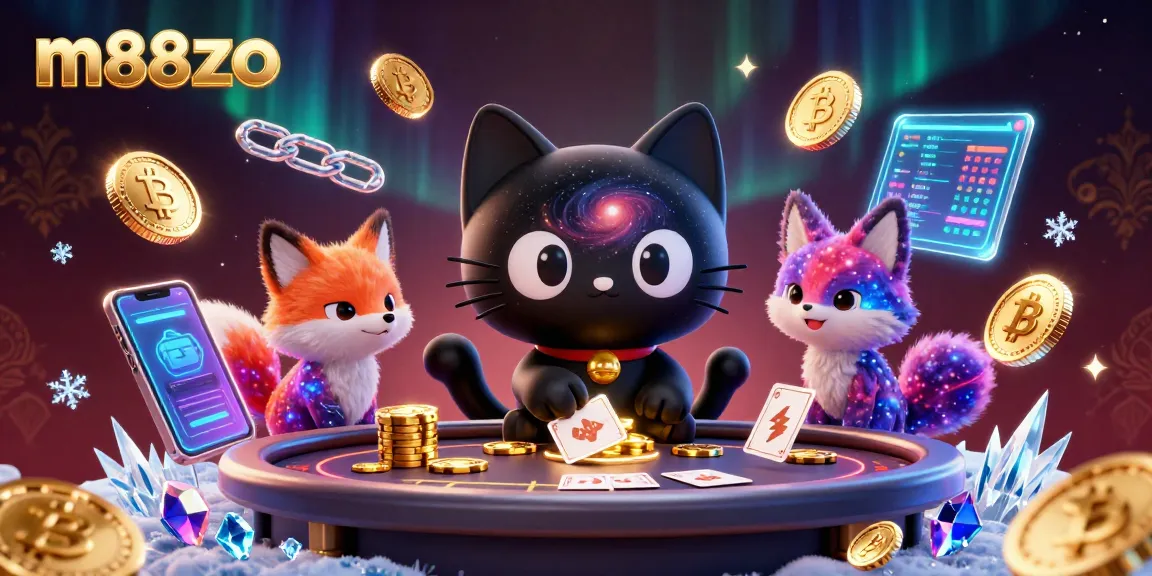 Engage with m88zo's cosmic casino featuring unique characters, crypto coins, and vibrant gaming elements.