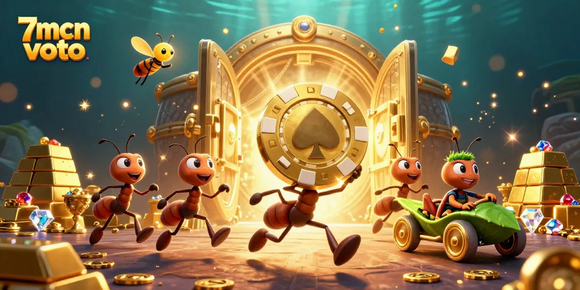 Engage with 7mcn voto as cartoon ants steal a giant poker chip with treasures around.