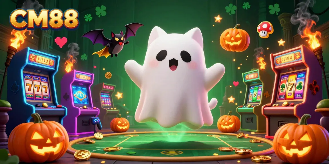 Experience the vibrant thrills of CM88's haunted casino with friendly ghost cat and bat companions.