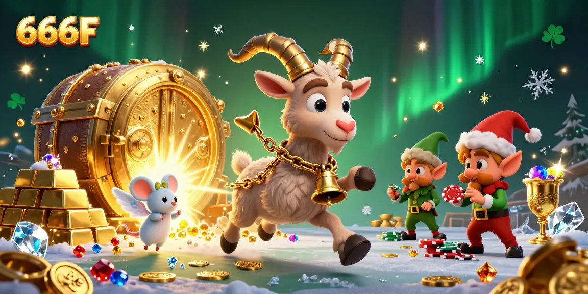 Experience the excitement of winning with 666F in a thrilling casino scene featuring festive characters and glittering treasures.