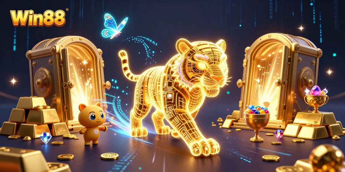 Win88 players immerse in a vibrant casino scene, featuring golden treasures and dynamic lights.