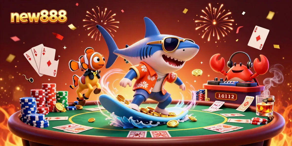 Experience thrilling wins at new888 with a shark surfing on golden coins and poker elements swirling around.