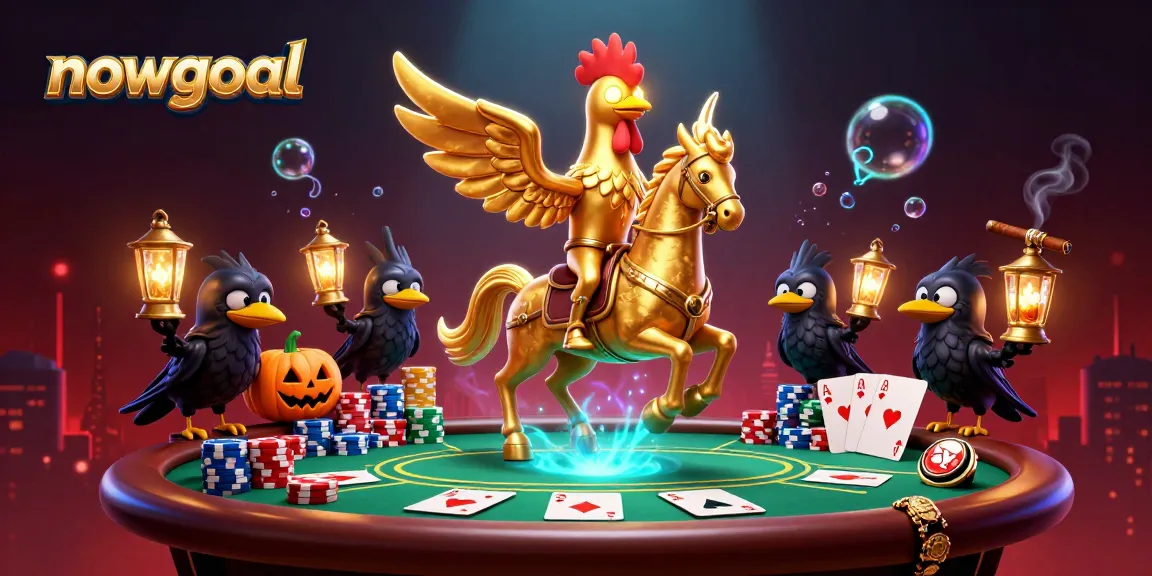 Engage in thrilling gameplay with Nowgoal’s immersive scene featuring golden rooster, poker elements, and dynamic casino atmosphere.
