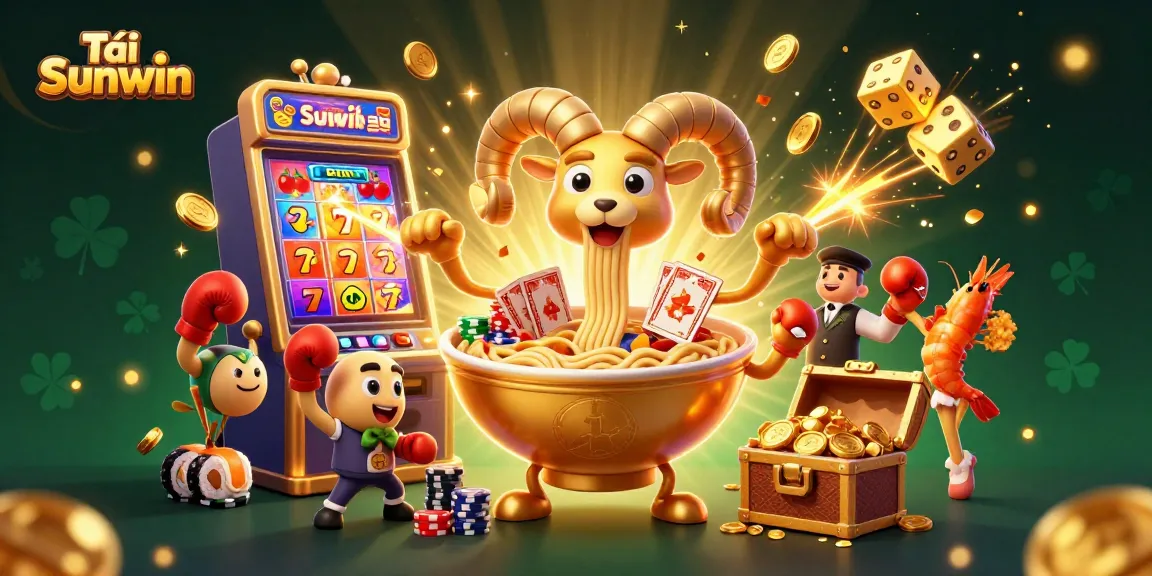 Tải Sunwin to enjoy a vibrant 3D illustration featuring a golden ramen bowl dealer and slot machine surprise.