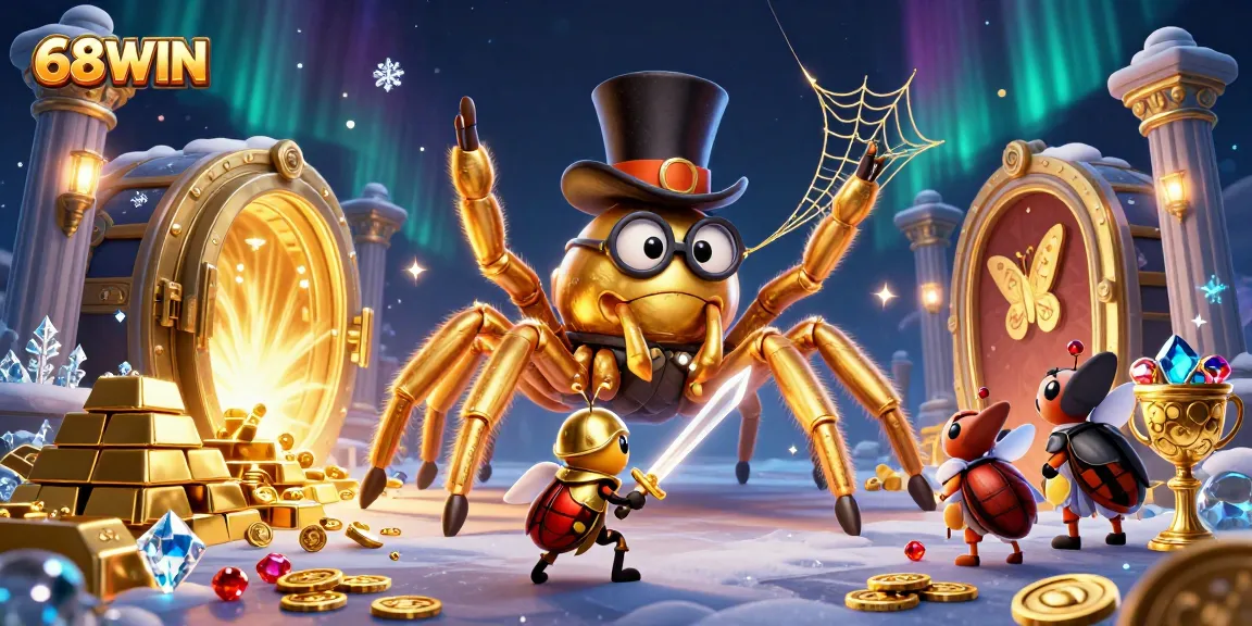 68WIN captures thrilling excitement as characters navigate golden treasures in an immersive casino setting.