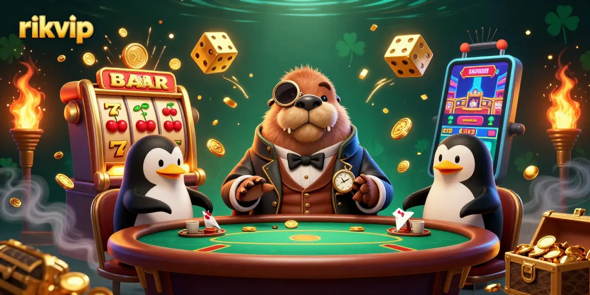 Join the jolly walrus and friends in a thrilling rikvip underwater poker game, surrounded by vibrant casino elements.